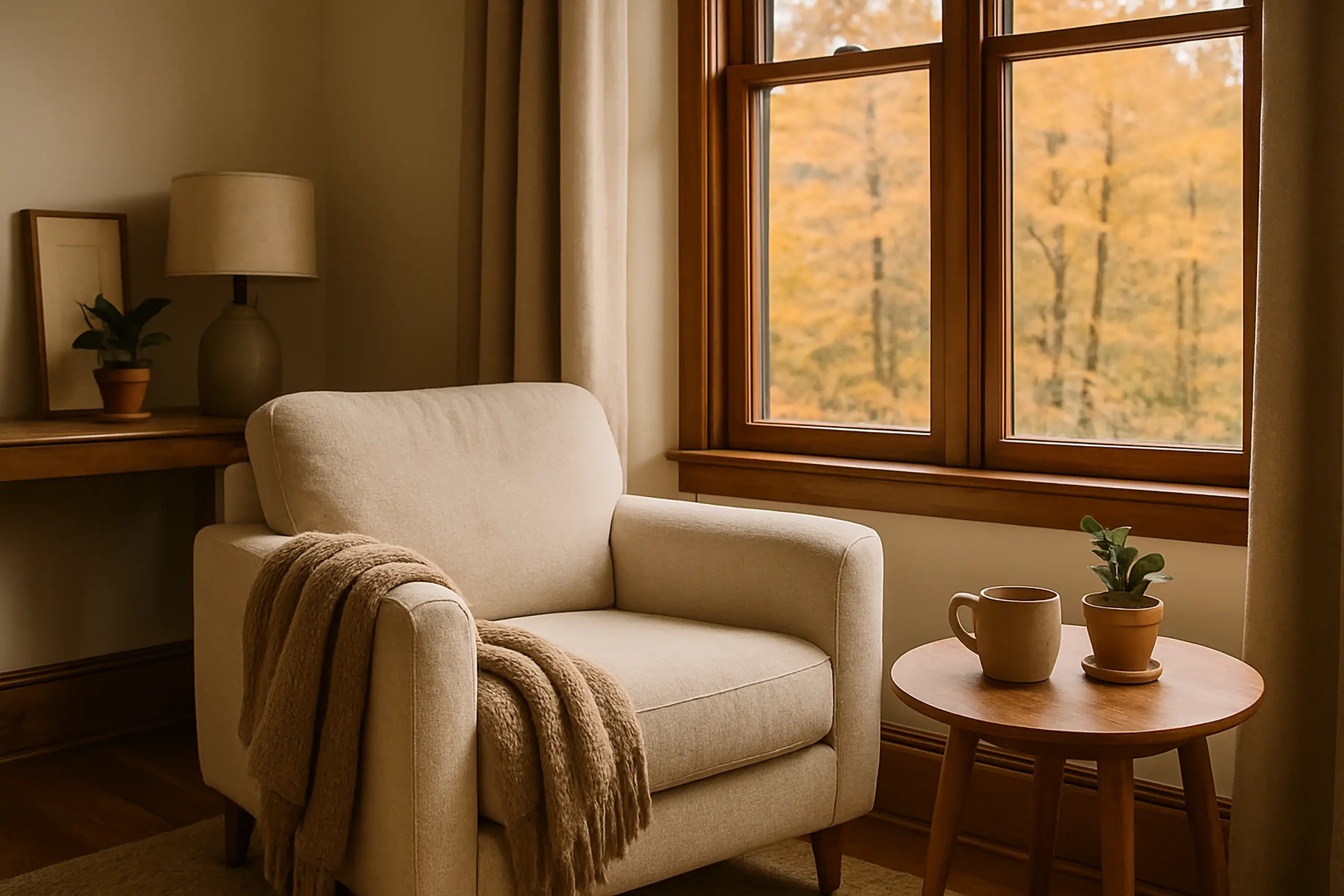 Cozy wellness office interior with soft chair and blanket